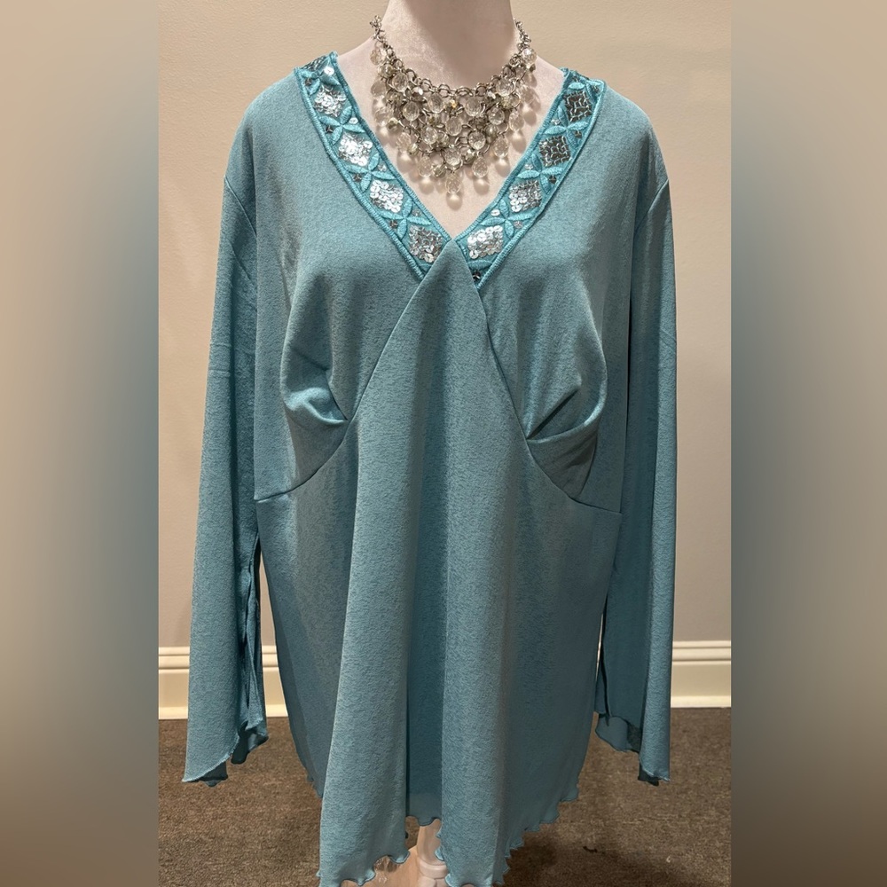 New Venezia Aqua blue turquoise sequin top blouse flutter sleeve knit NWT 18 20
